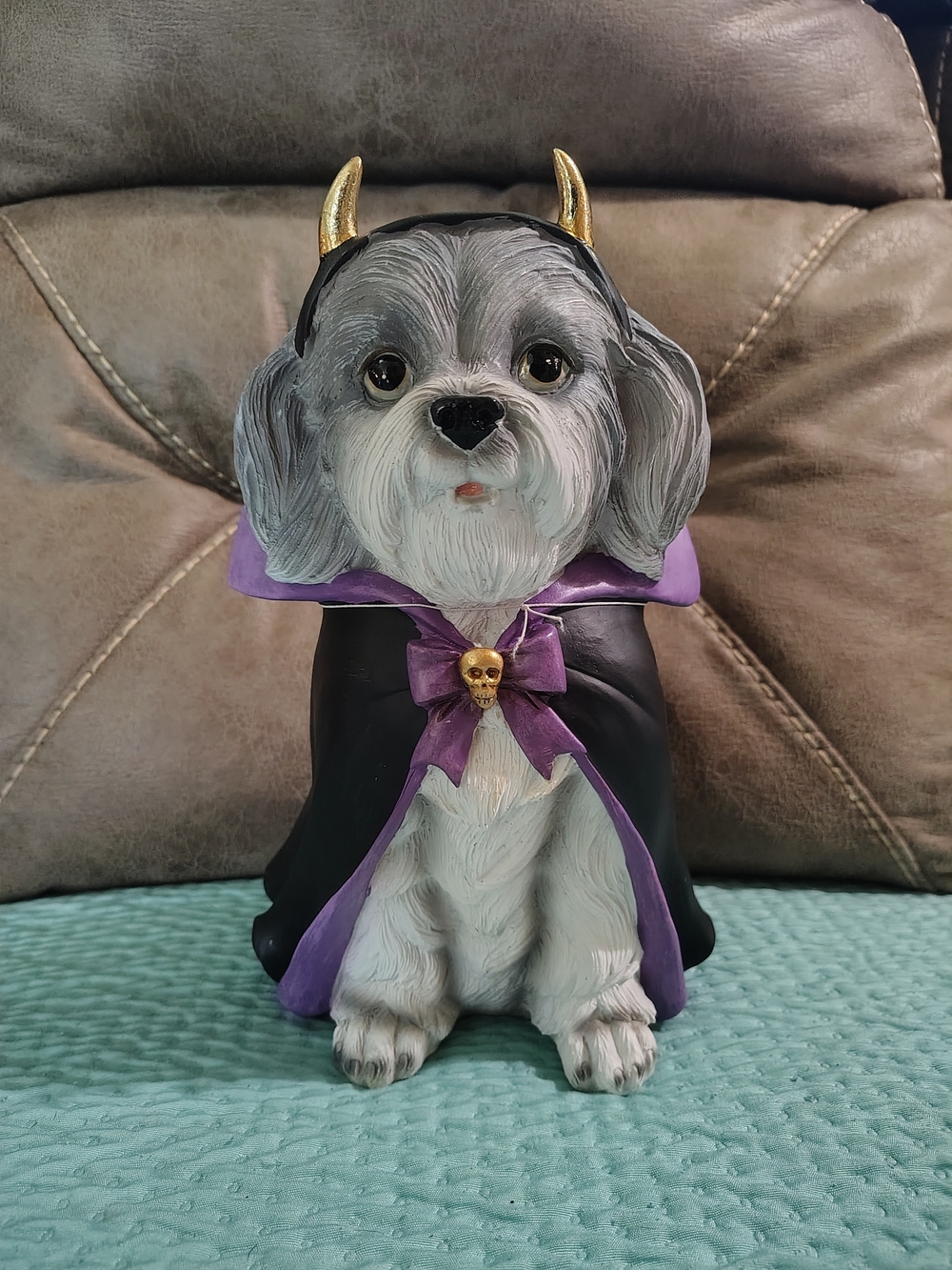 Dog Statue Figurine in Black and Purple Costume